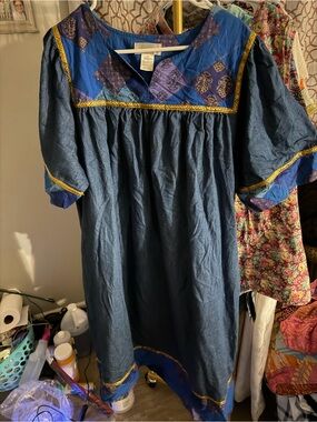 Cabernet Blue Midi Dress with Purple Embroidered Yoke and Gold Trim